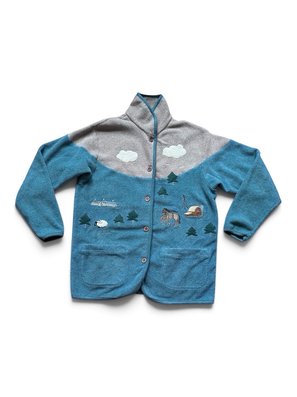Vtg 90s Northern Reflections Sz M Fleece Farm Horse Sheep Barn Embroidered
